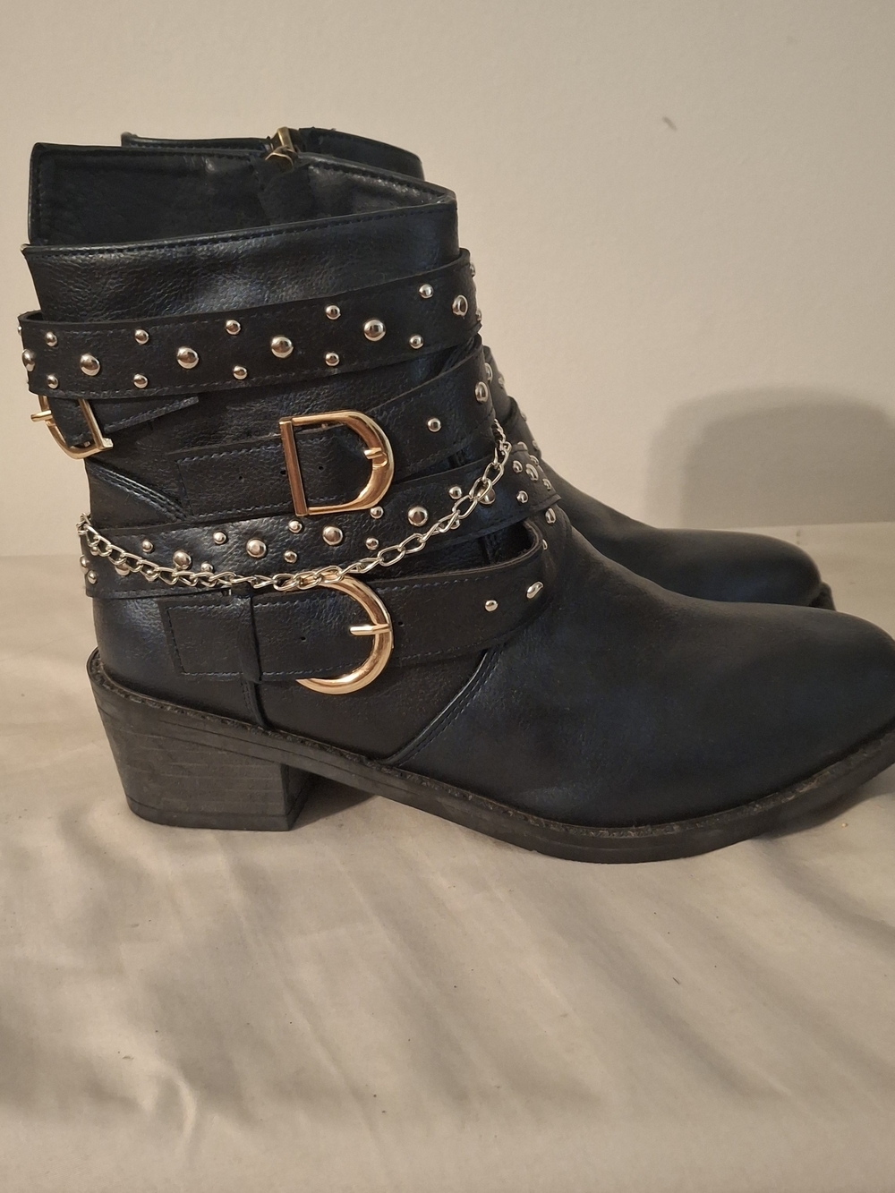 Navy Women's Ankle Boots with Gold And Silver Buckle & Chain Detail